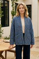 Habitat Diamond Quilt Kimono Jacket in medium denim worn open on a patio