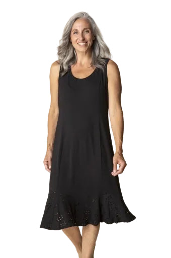 Habitat Eyelet Blooms Dress in black, relaxed sleeveless rayon tank dress with eyelet hem