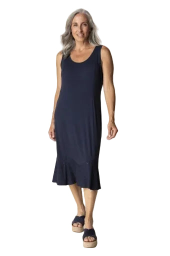 Habitat Eyelet Blooms Dress in Midnight navy, relaxed sleeveless tank dress with eyelet flounce hem