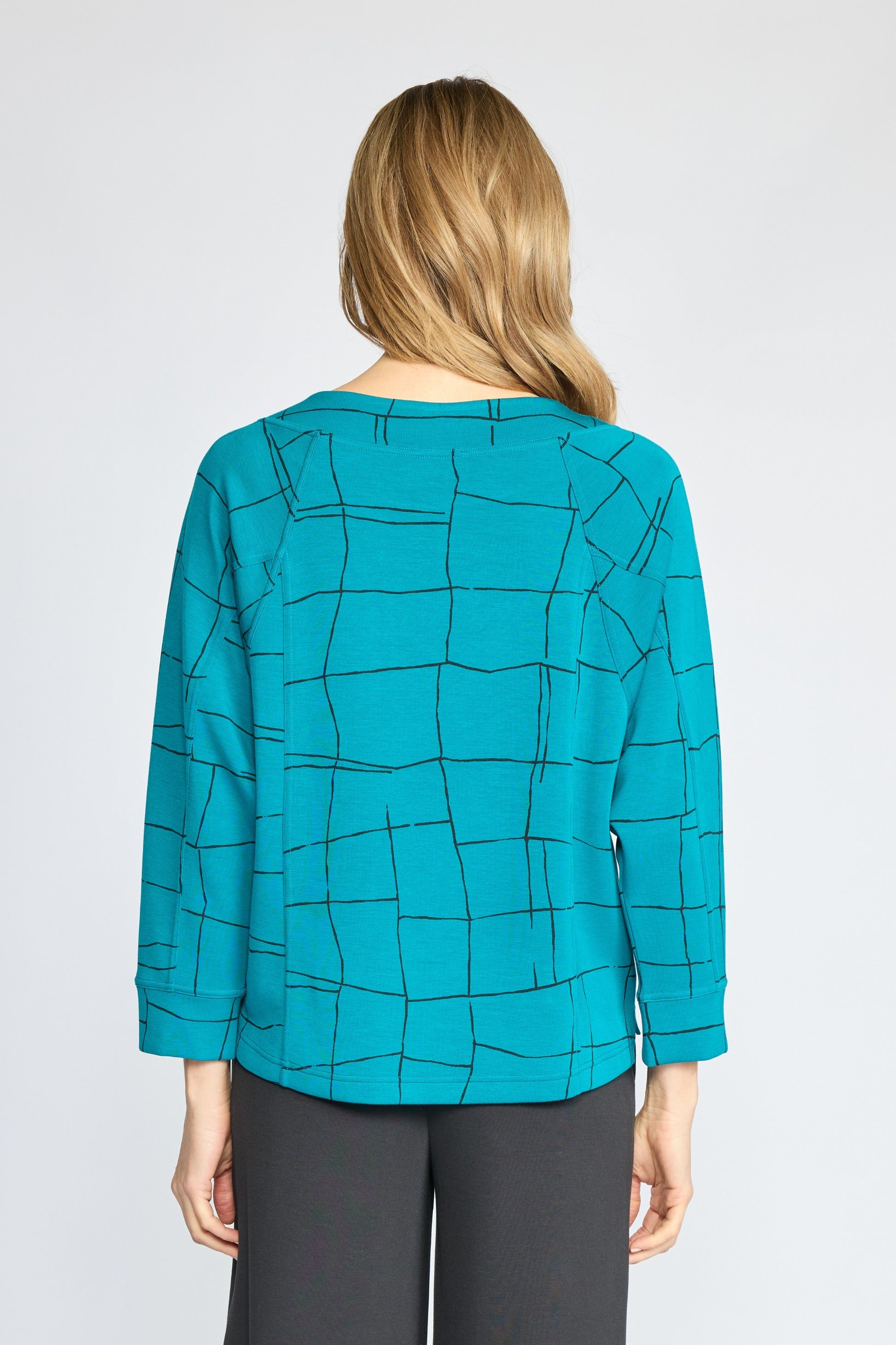 Habitat Featherlux Knit Print Pullover in teal grid print with split cuffs, front view
