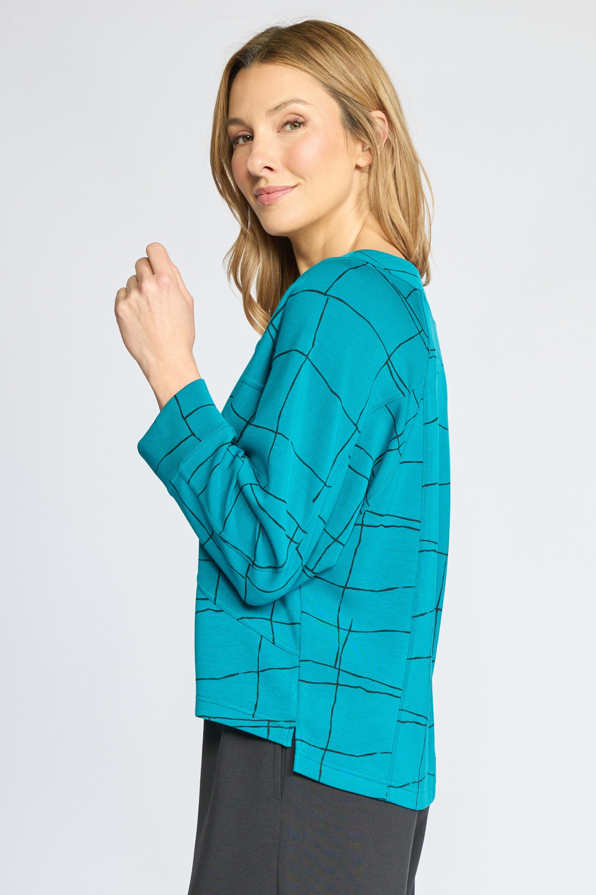 Habitat Featherlux Knit Print Pullover in teal, three-quarter side view