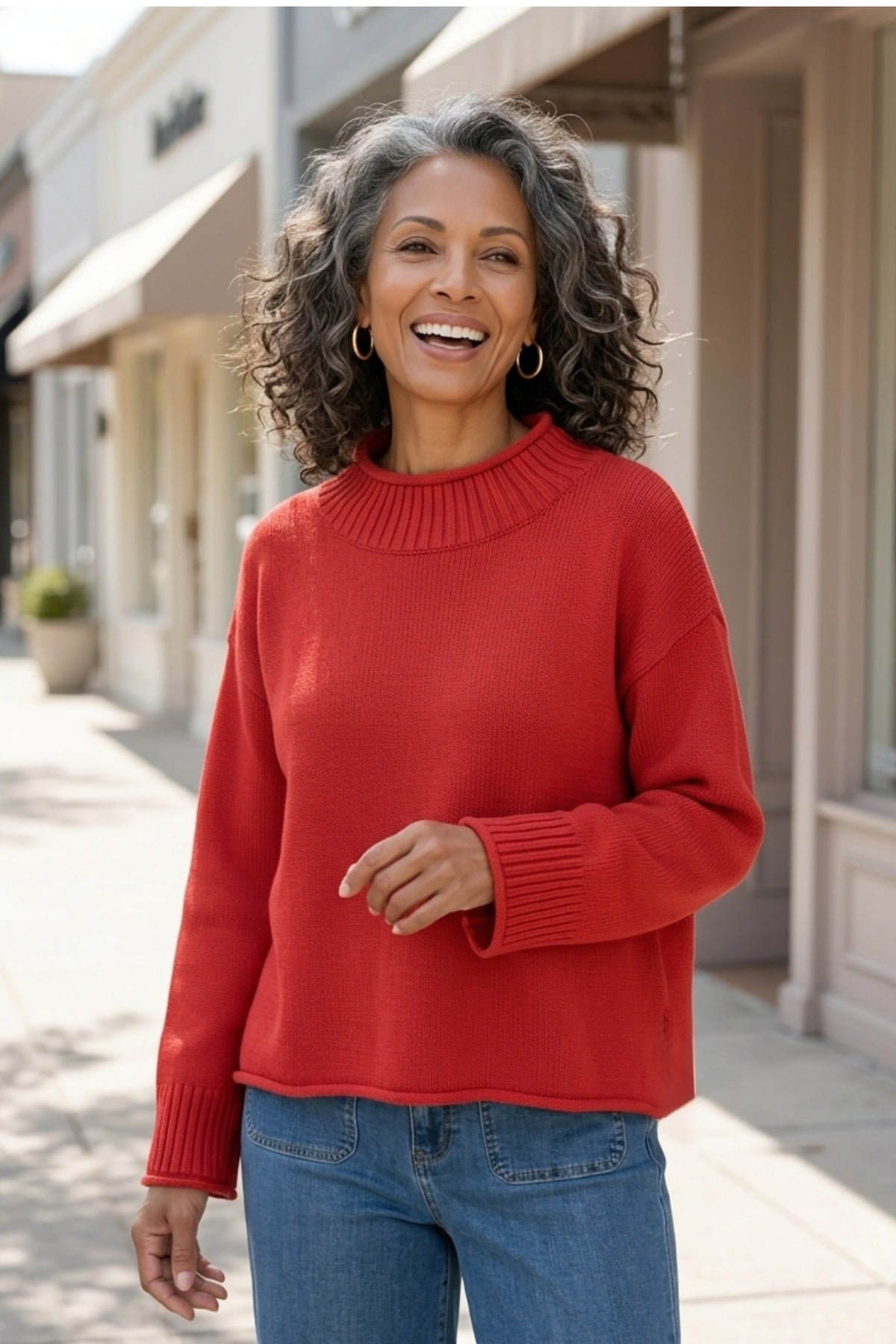 Habitat Fireside Shaker Cozy Cabin Sweater in sienna mock neck knit, styled with denim outdoors