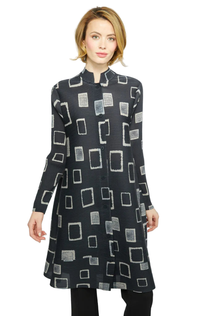 Habitat Parisian Pleats Chateau Jacket Dress in black with gray and white square print, pleated button-front shirtdress, front view