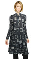 Habitat Parisian Pleats Chateau Jacket Dress in black with gray and white square print, pleated button-front shirtdress, front view