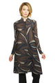Habitat Parisian Pleats Chateau Jacket Dress in chocolate brown with cream and navy abstract print, pleated button-front shirtdress, front view