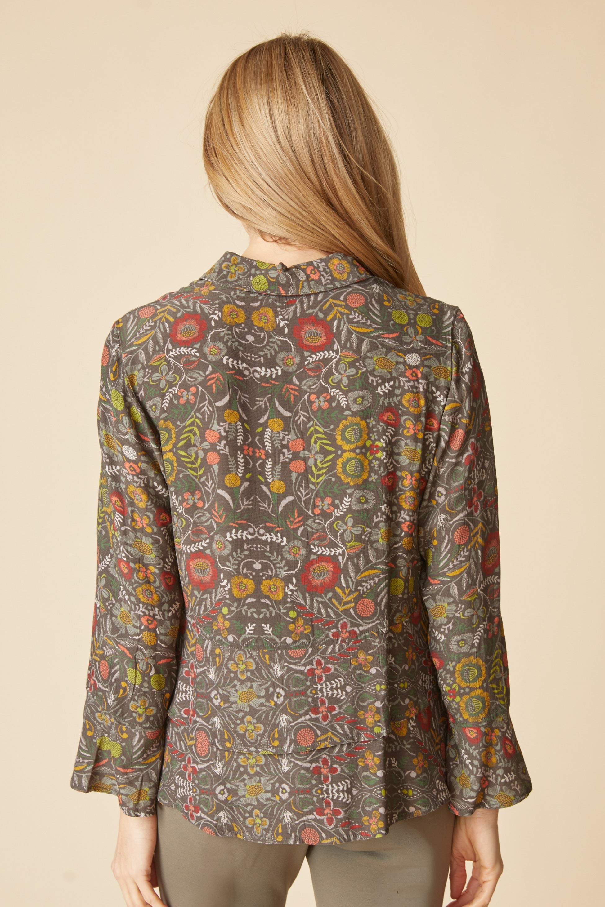 Back view of the Habitat Rayon Crepe Garden Flounce Shirt in olive floral print