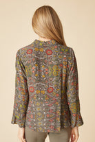 Back view of the Habitat Rayon Crepe Garden Flounce Shirt in olive floral print