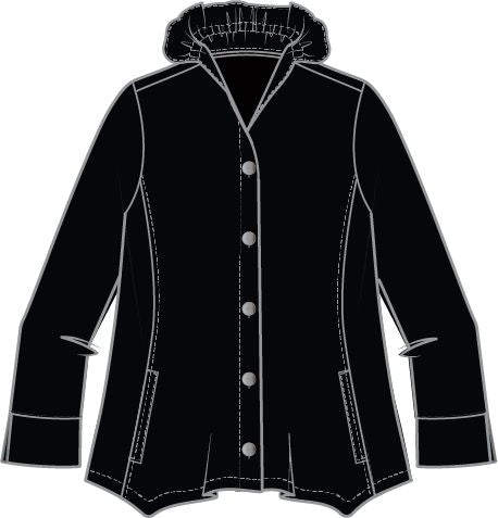 Flat sketch of the Habitat Rayon Jacquard Ruched Collar Shirt, black button-front with ruched collar, pockets and cuffed sleeves