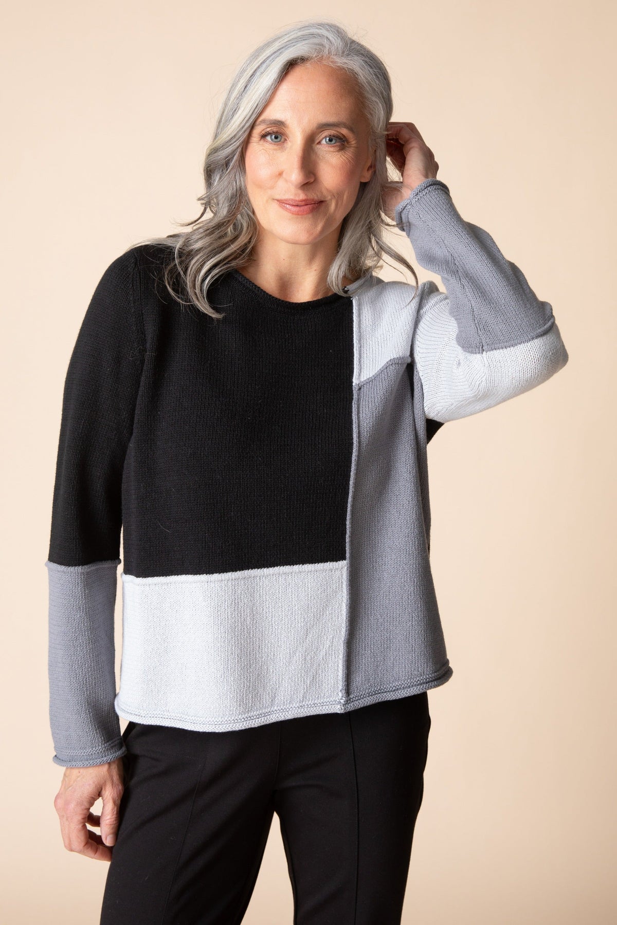 Habitat Yin Yang Block Party Sweater in Mist, black, grey and pale grey color blocks with black pants