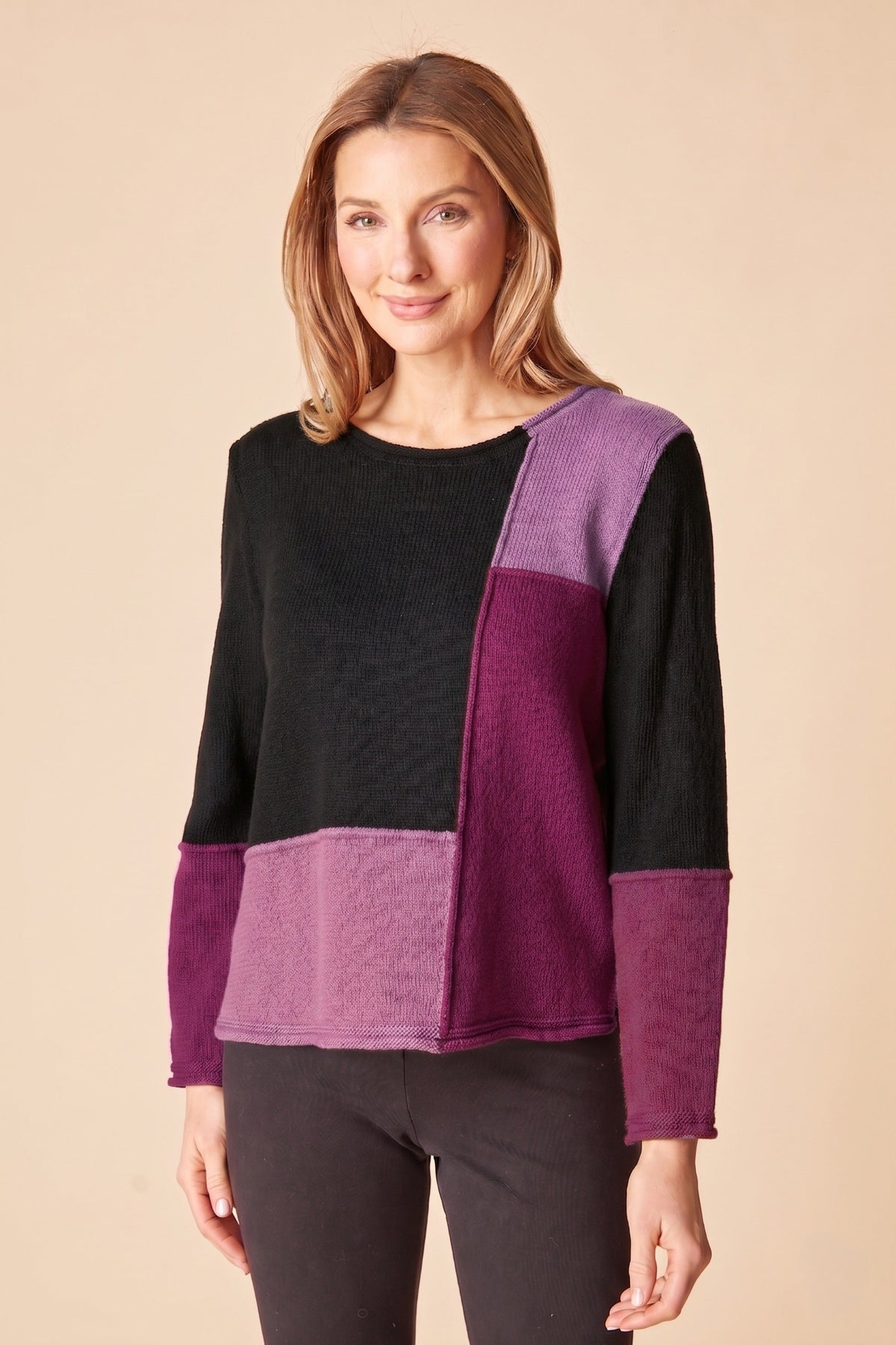 Habitat Yin Yang Block Party Sweater in Plum, black body with lilac and plum color-block panels, front view