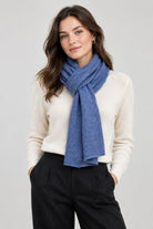 Model wearing the In Cashmere Classic Cashmere Scarf in Heather Blue Jean, 100% cashmere