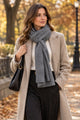 Model wearing the In Cashmere Classic Cashmere Scarf in Mid Heather Grey, 100% cashmere