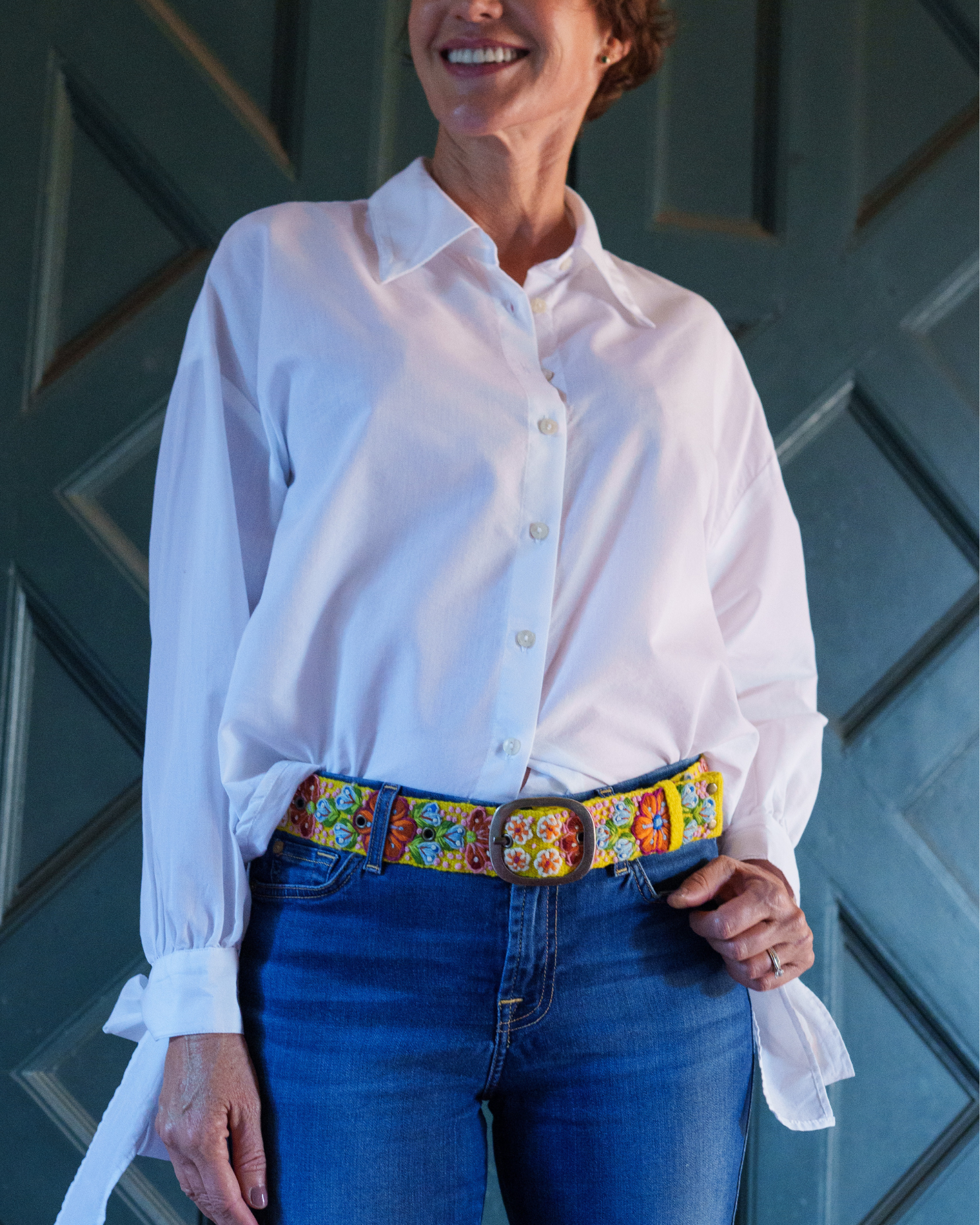Model wearing the Jenny Krauss Golden Delicious Embroidered Wool Belt at the waist