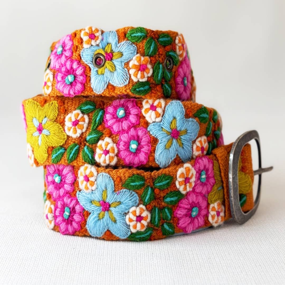 Jenny Krauss In the Garden Floral Embroidered Wool Belt, coiled to show the hand embroidery