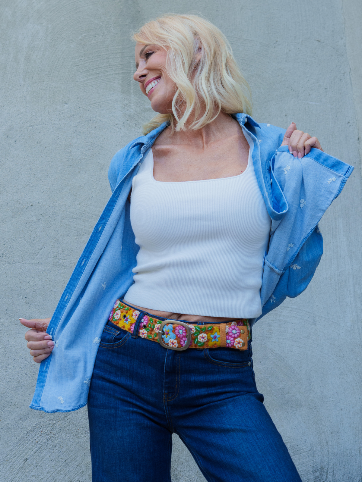 Close-up of the Jenny Krauss In the Garden floral belt being worn