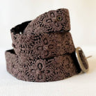 Jenny Krauss Midnight Oasis Embroidered Wool Belt in chocolate brown, coiled to show the hand embroidery