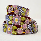 Jenny Krauss Morning Glory Floral Embroidered Wool Belt in burgundy, coiled to show the hand embroidery