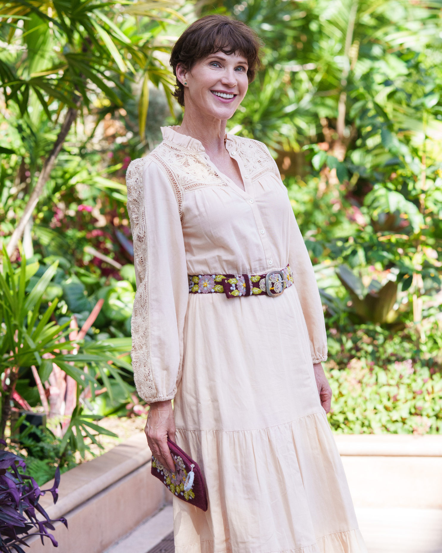 Model wearing the Jenny Krauss Morning Glory Floral Embroidered Wool Belt at the waist