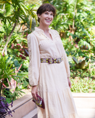 Model wearing the Jenny Krauss Morning Glory Floral Embroidered Wool Belt at the waist