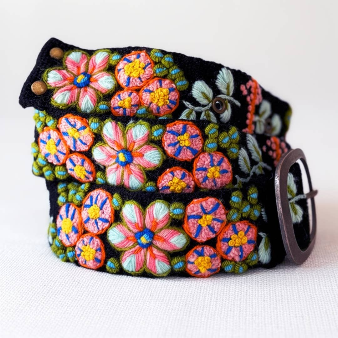 Jenny Krauss Southwest Walkabout Embroidered Wool Belt in black, coiled to show the hand embroidery