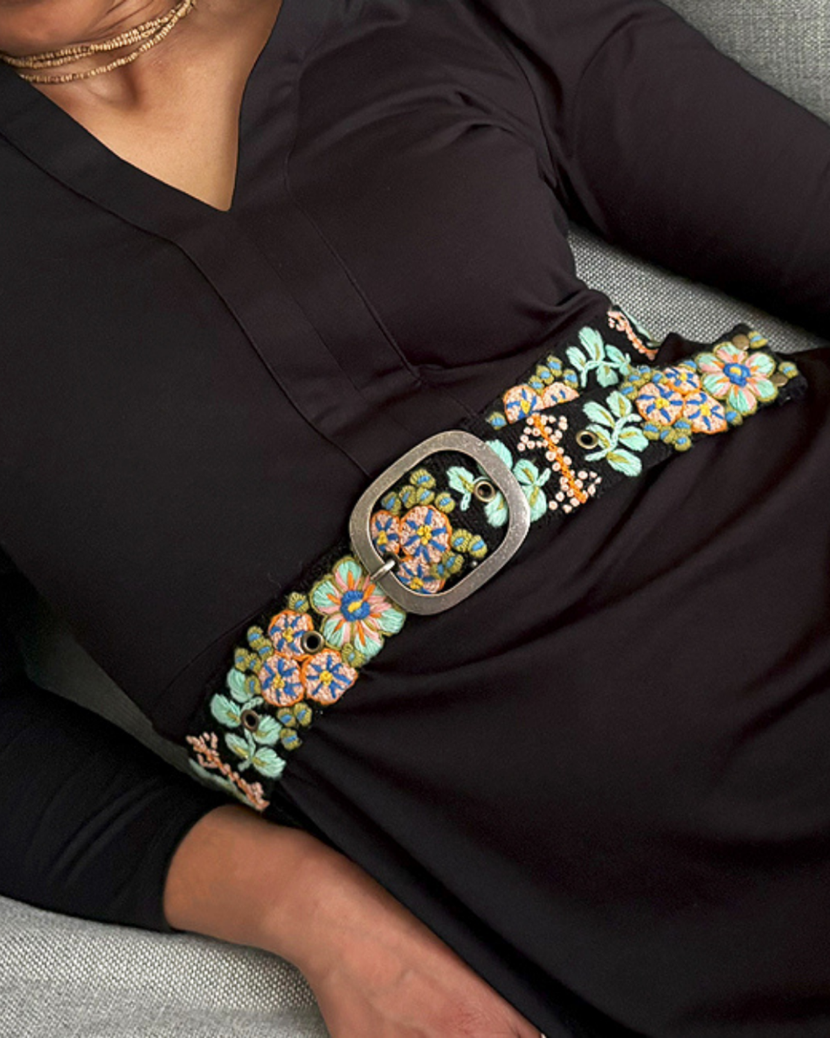 Close-up of the Jenny Krauss Southwest Walkabout black floral belt being worn