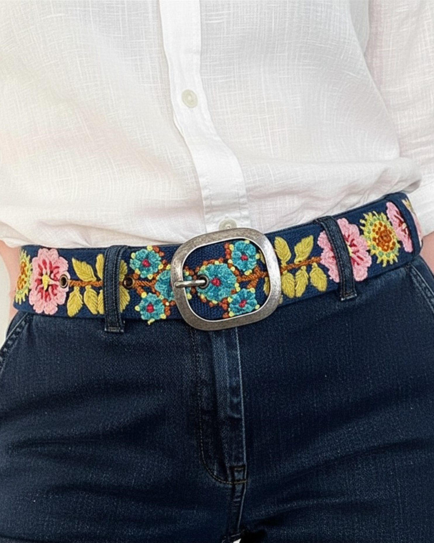 Model wearing the Jenny Krauss Sunshine Daydream Embroidered Wool Belt at the waist