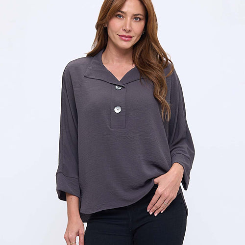 Last Tango Woven Half Placket Dolman Top in Charcoal – Ella Where She Shops