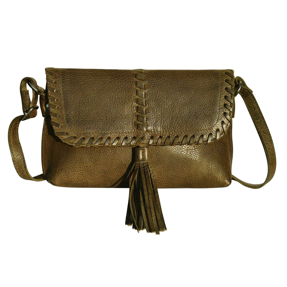 Latico Freya Crossbody Bag in leather with whipstitch border and front tassel