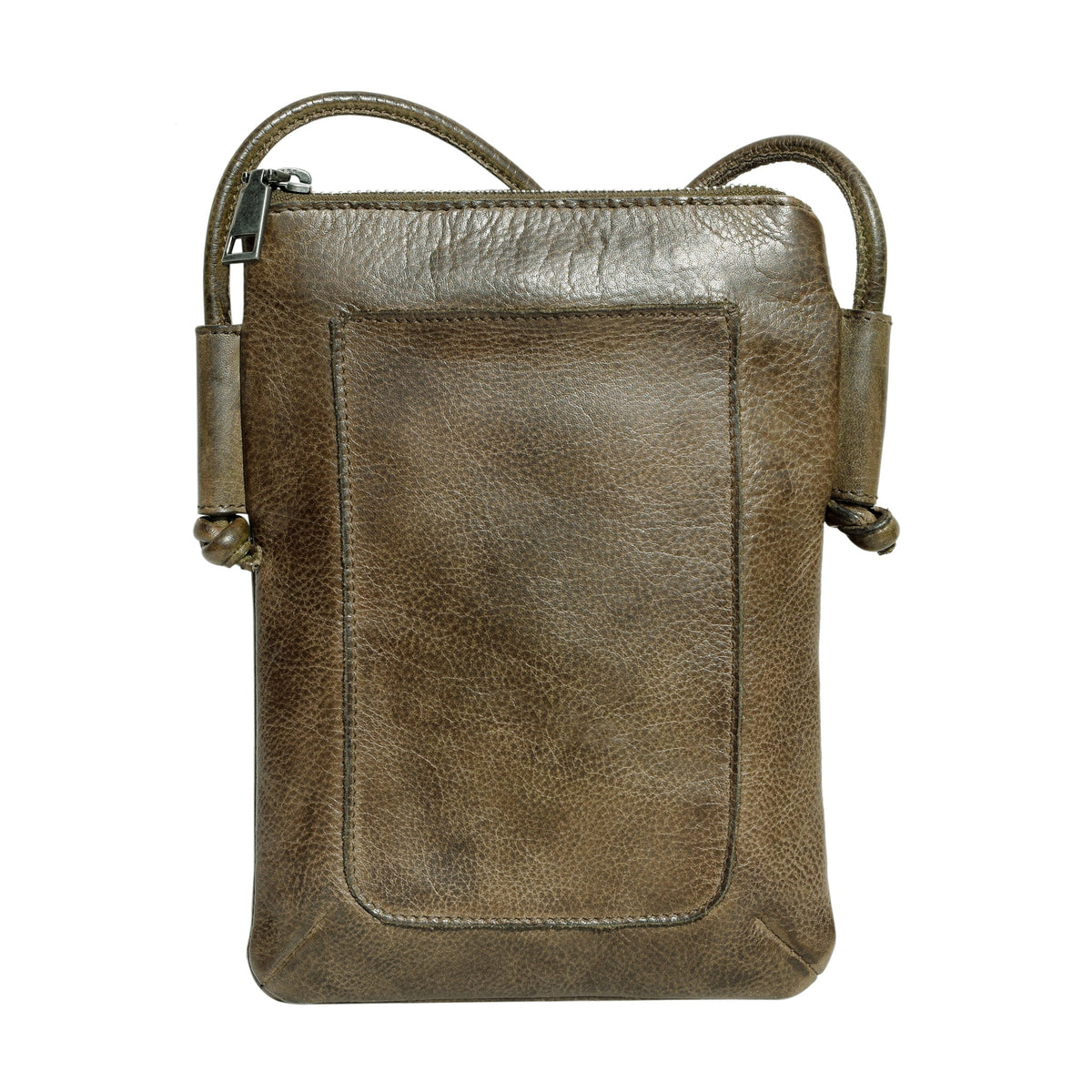Latico Leathers Miller crossbody in moss green leather, front view with knotted strap