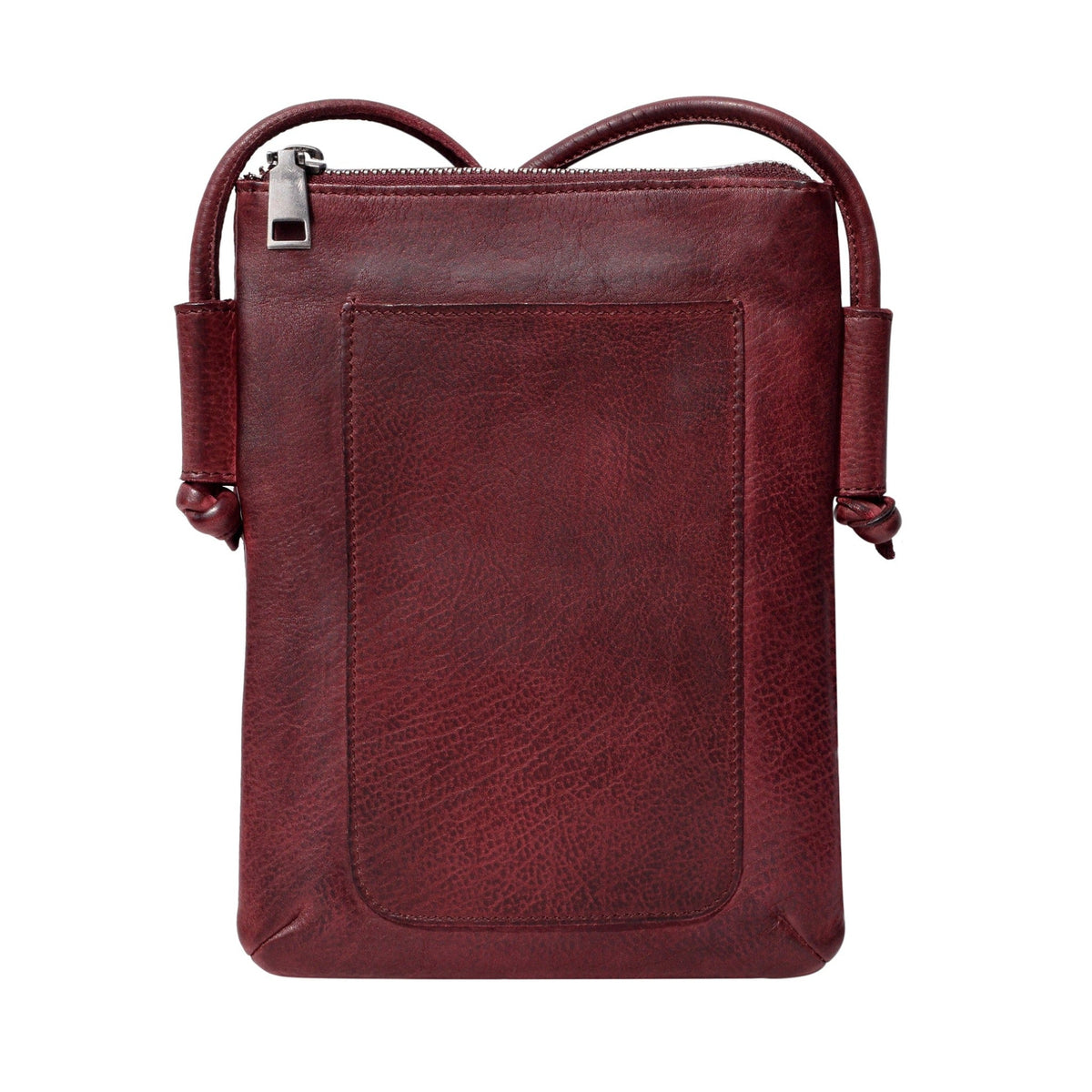 Latico Leathers Miller crossbody in oxblood leather, front view with knotted strap