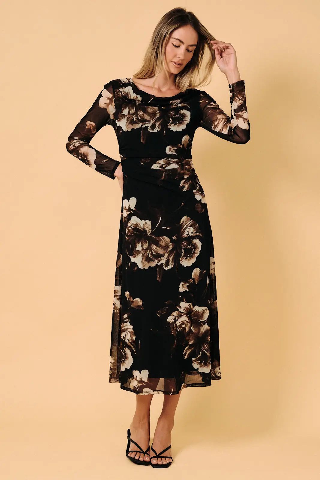 Black and brown floral mesh midi dress with cowl neck and ruched waist