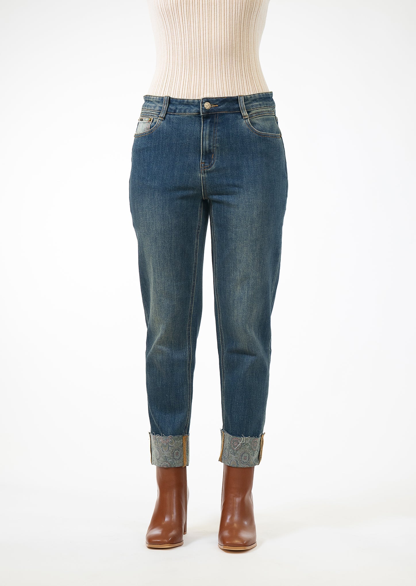 Lisette L Medallion Print 26" Cuff Jean in dark denim, front alternate view