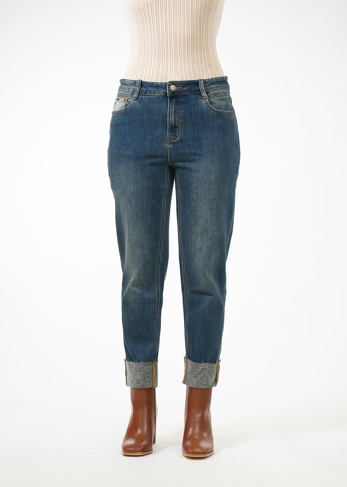 Lisette L Medallion Print 26" Cuff Jean in dark denim, front alternate view