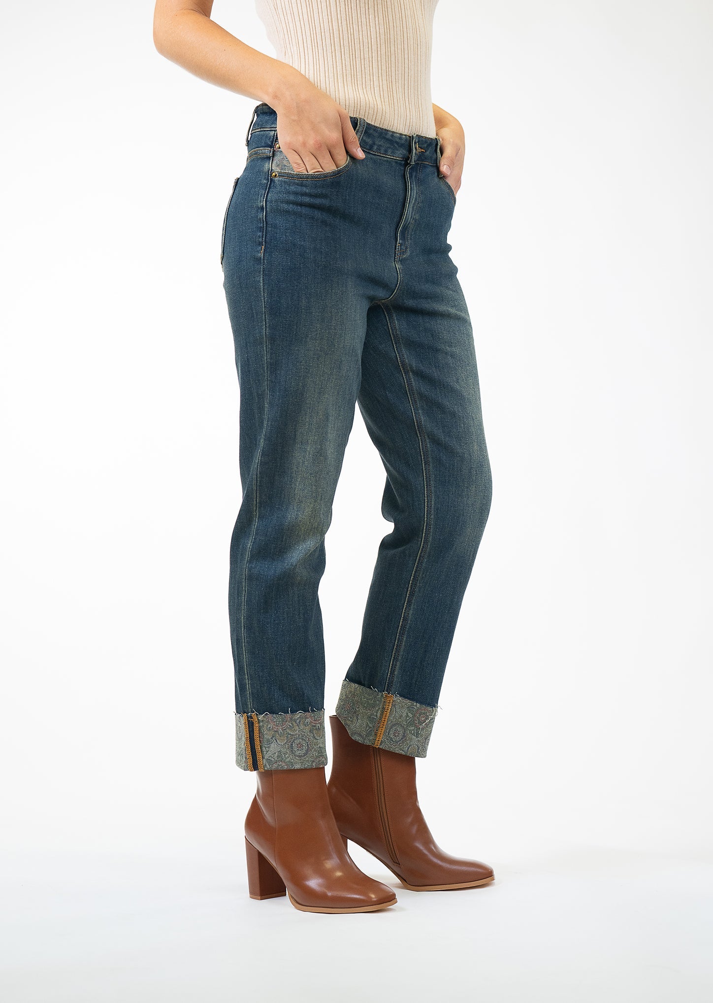 Lisette L Medallion Print 26" Cuff Jean in dark denim, front view