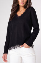 Liverpool Los Angeles V-neck long sleeve sweater with lace trim in black, front view