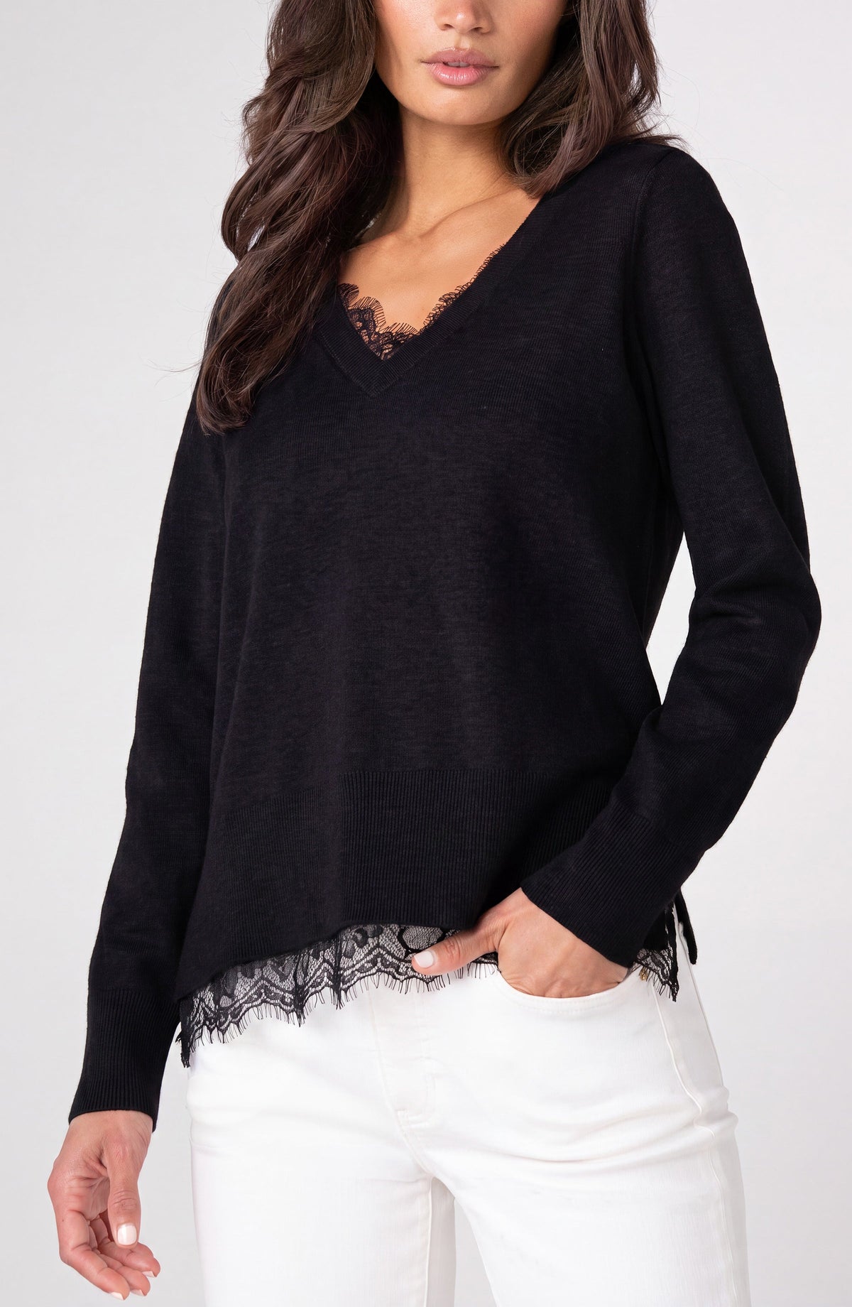 Liverpool Los Angeles V-neck long sleeve sweater with lace trim in black, front view