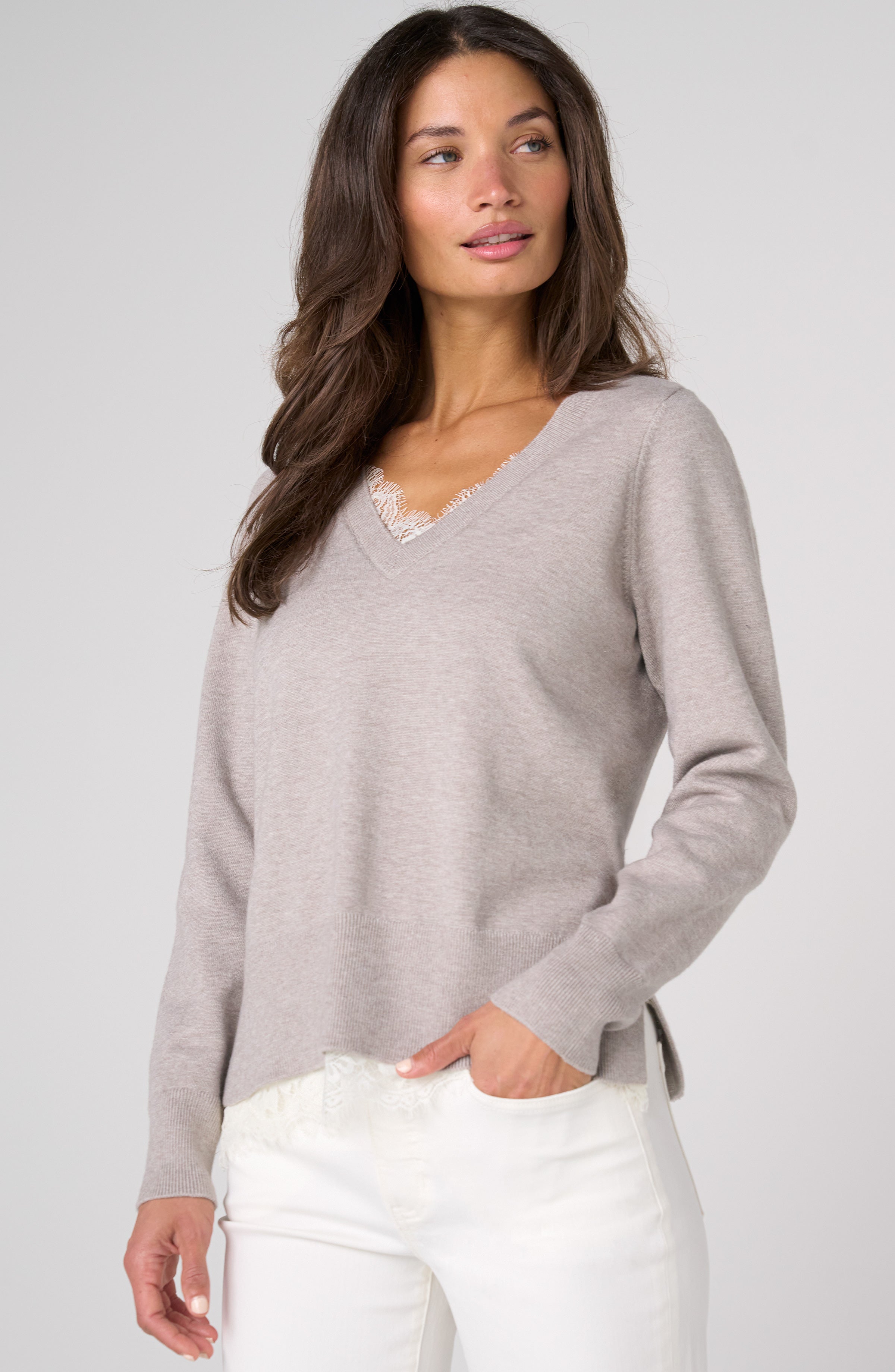 Liverpool Los Angeles V-neck long sleeve sweater with lace trim in soft grey heather, front view
