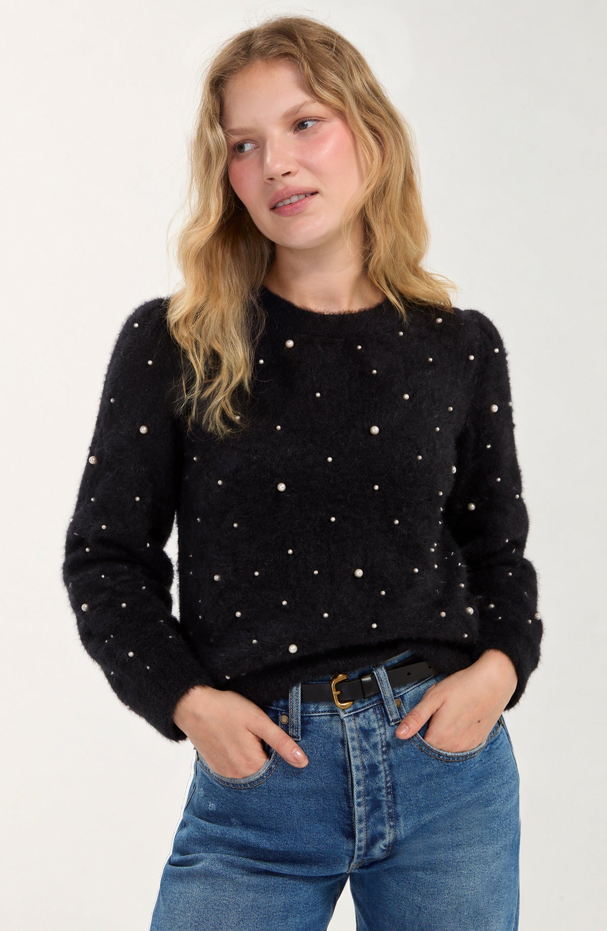 Liverpool Los Angeles pearl embellished puff sleeve crewneck sweater in black, front view