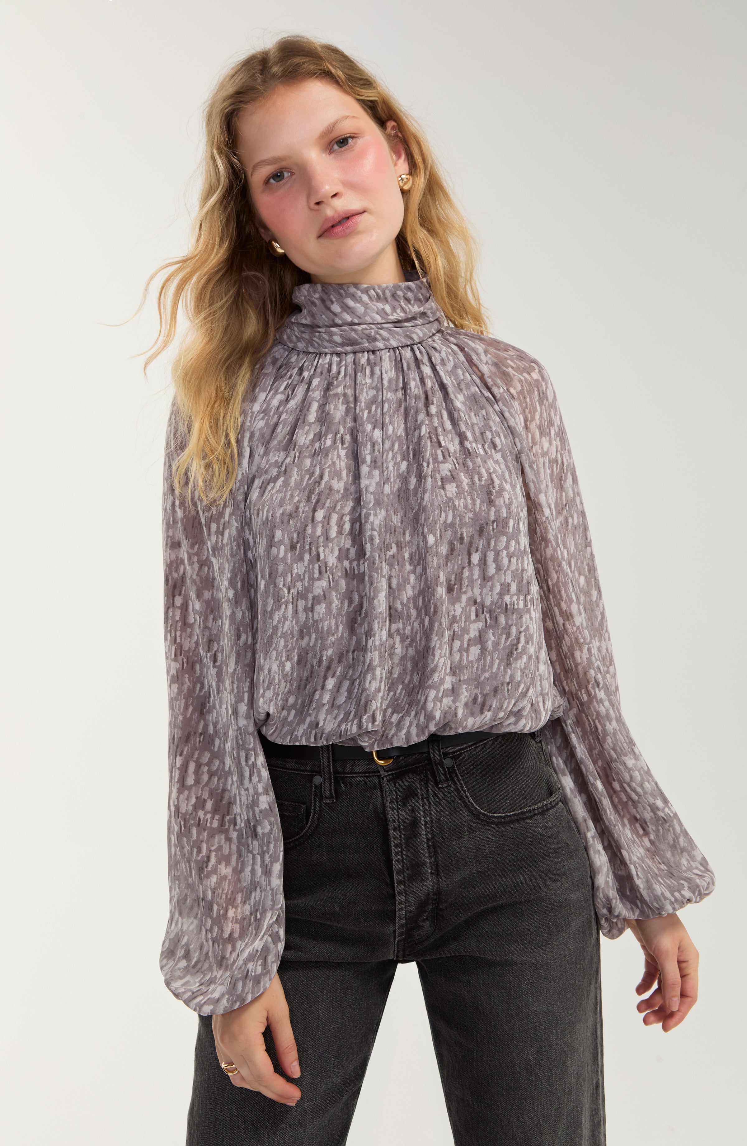 Liverpool Los Angeles shirred mock neck blouson sleeve top in grey multi abstract print, front view