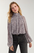 Liverpool Los Angeles shirred mock neck blouson sleeve top in grey multi abstract print, front view