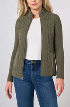Long Sleeve Zip-Front Quilted Sweater Jacket in Heather Olive, cable-knit side, front view