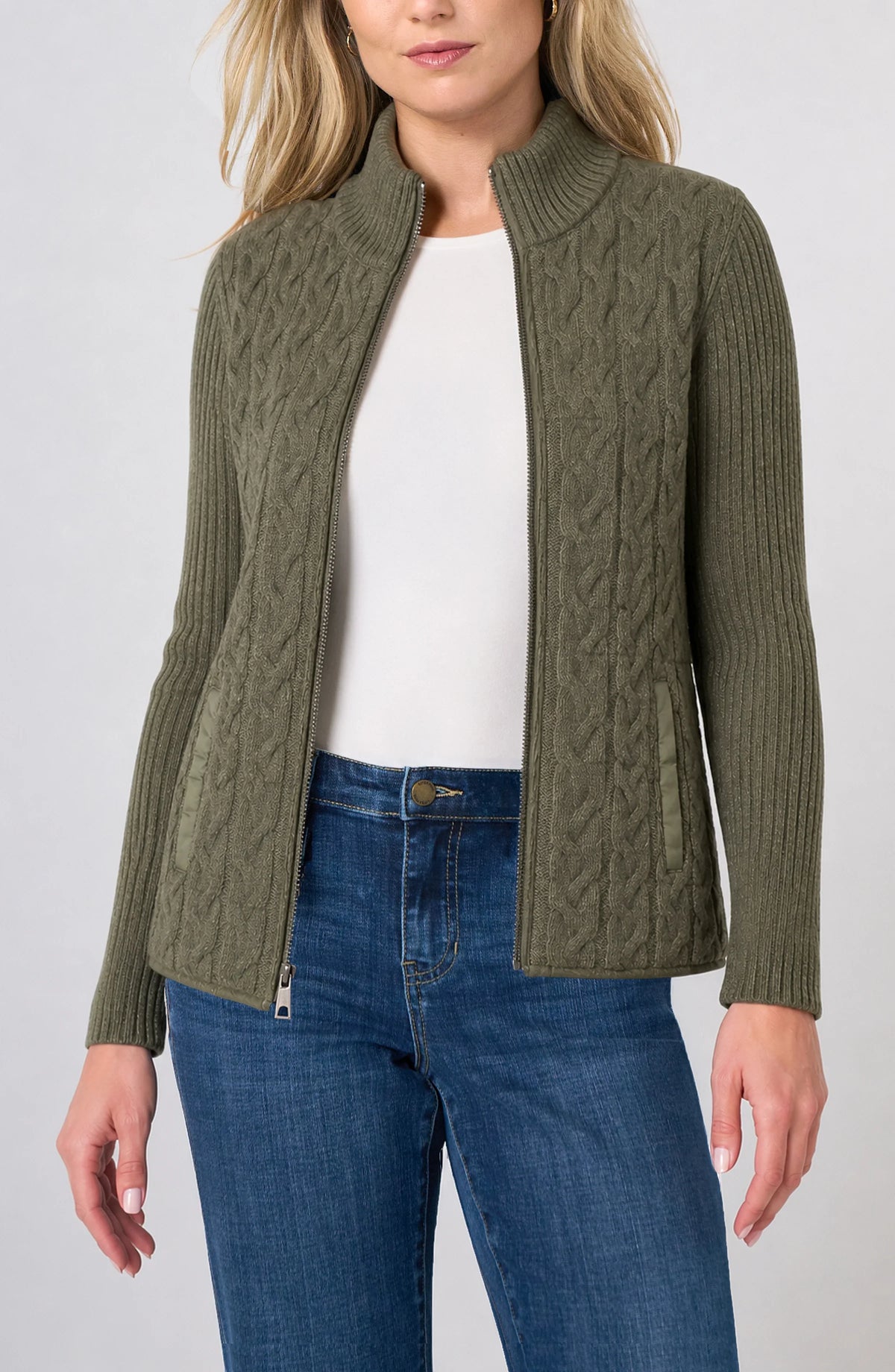 Long Sleeve Zip-Front Quilted Sweater Jacket in Heather Olive, cable-knit side, front view
