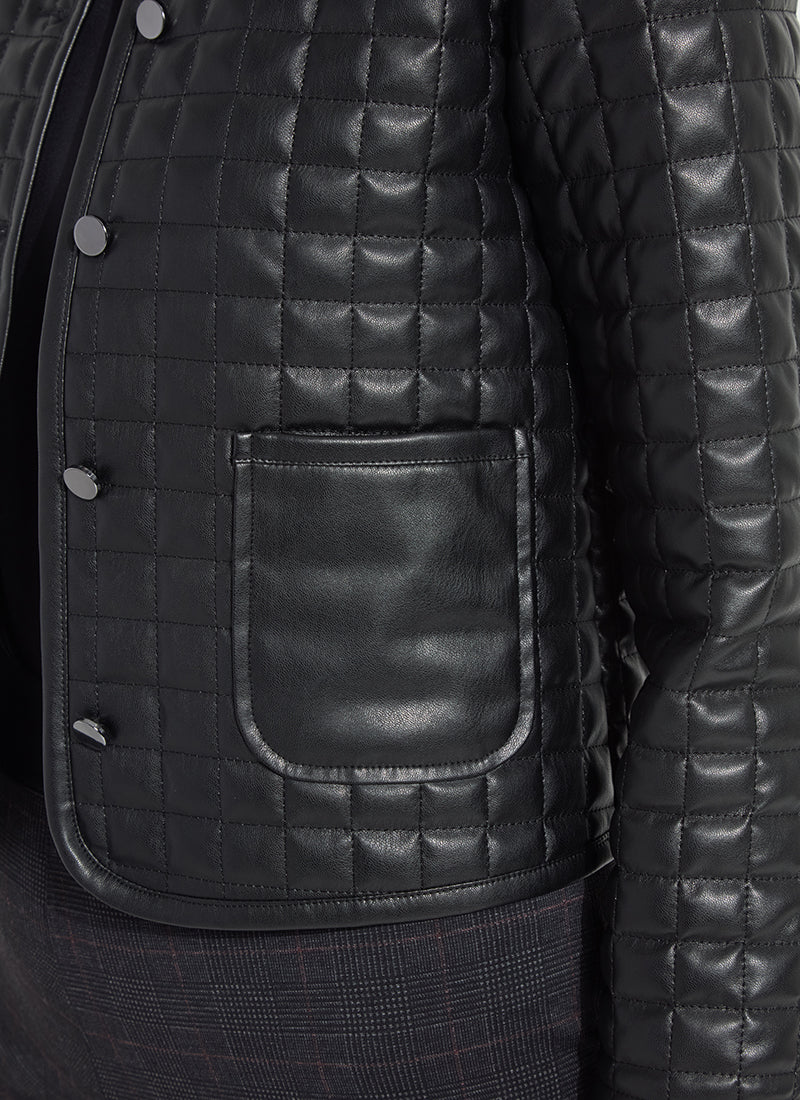 Lysse Agnes Quilted Vegan Leather Jacket in Black, close-up of the quilting and patch pocket