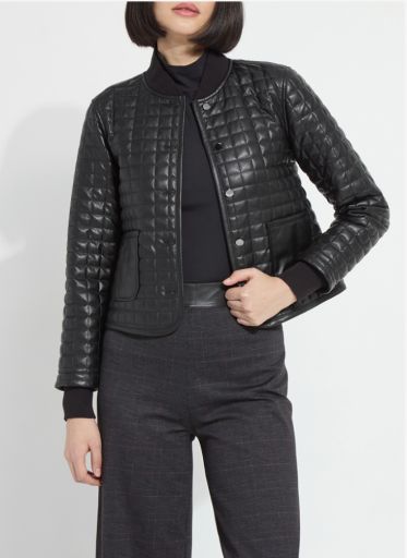 Model wearing the Lysse Agnes Quilted Vegan Leather Jacket in black, cropped box-quilted jacket with snap front over a black turtleneck