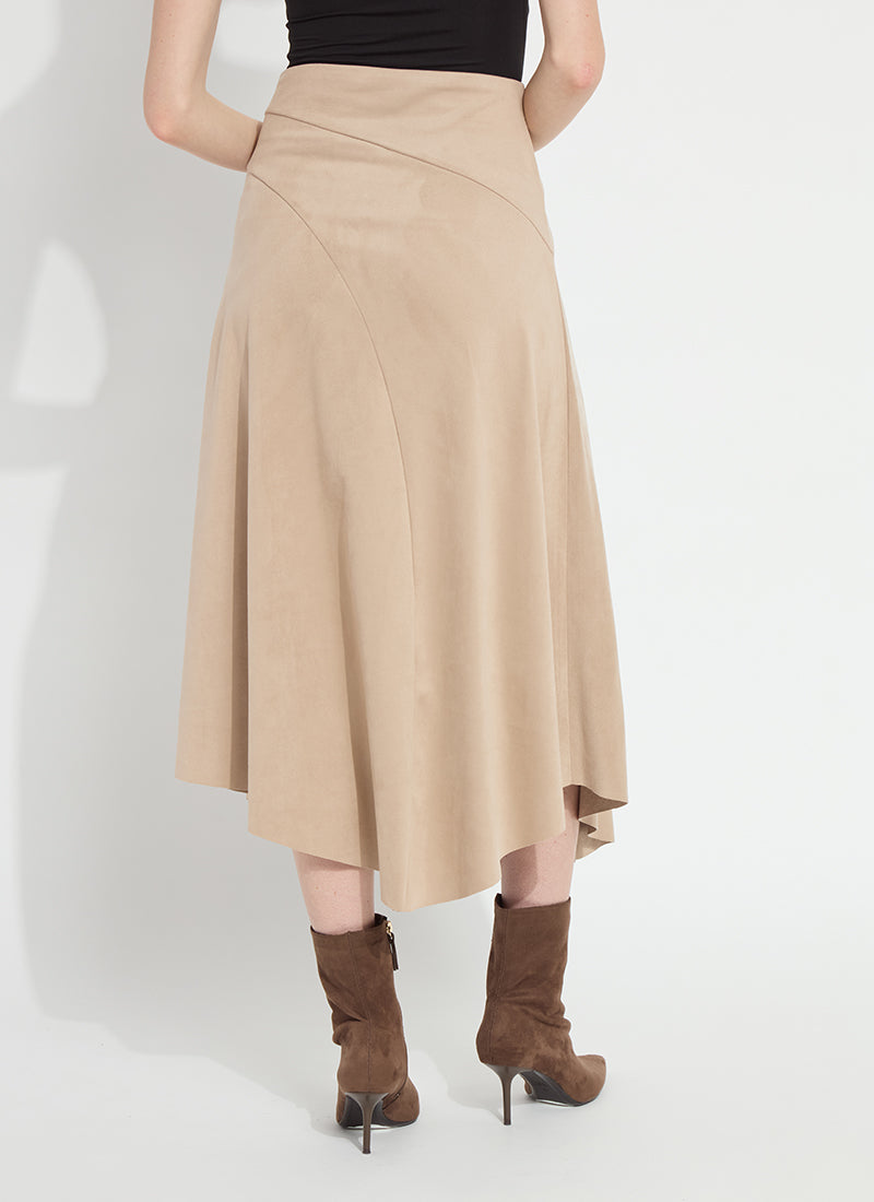 Lysse Azalea Asymmetric Hem Vegan Suede Skirt in Salted Caramel, back view