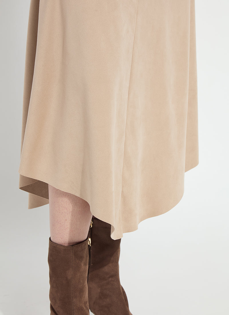 Lysse Azalea Asymmetric Hem Vegan Suede Skirt in Salted Caramel, close-up of the asymmetric hem