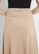 Lysse Azalea Asymmetric Hem Vegan Suede Skirt in Salted Caramel, close-up of the seamed waist