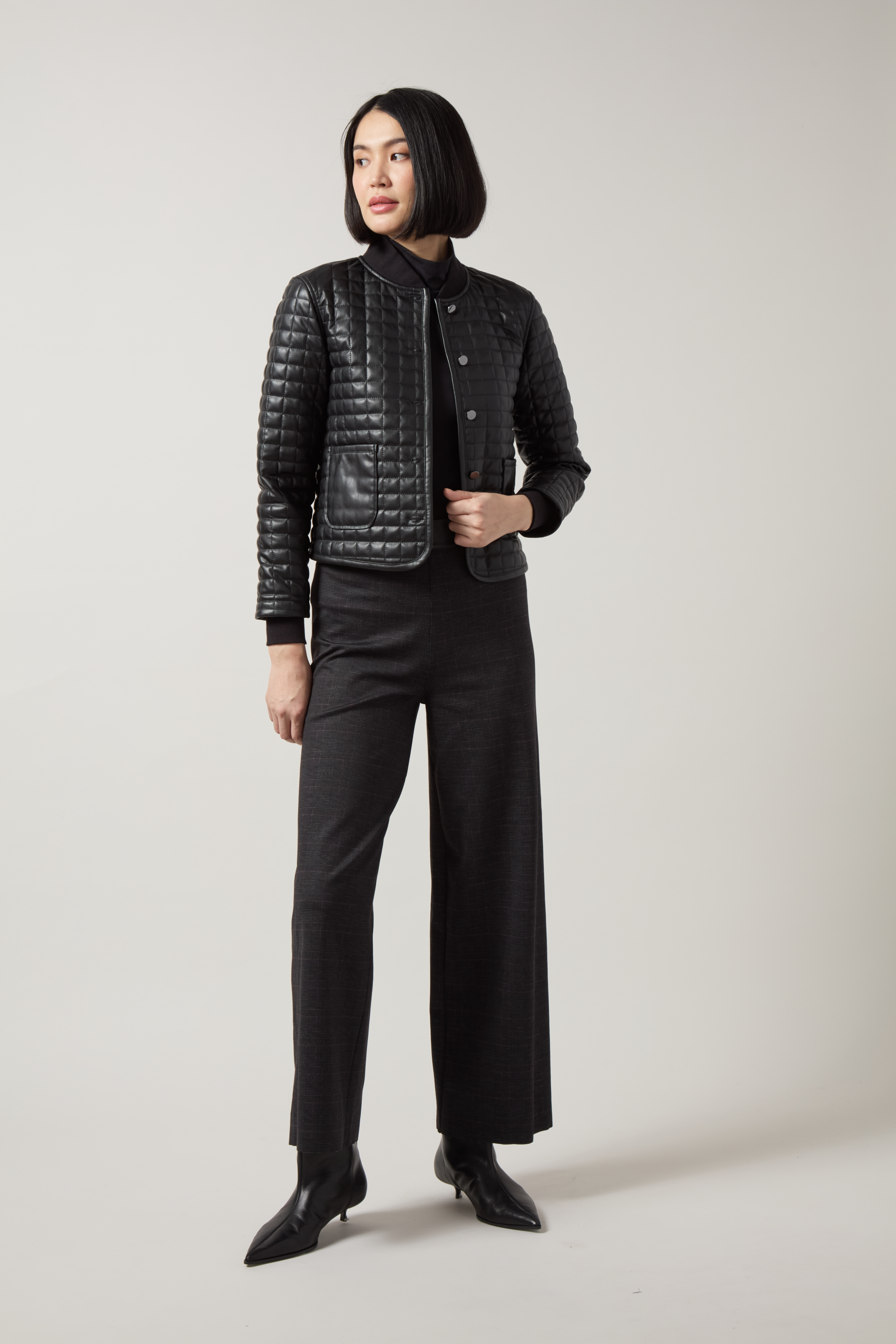 Lysse Denver Hi Waist Wide Leg Printed Ponte in Midnight Manor Plaid, styled with a black quilted jacket
