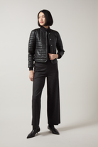 Lysse Denver Hi Waist Wide Leg Printed Ponte in Midnight Manor Plaid, styled with a black quilted jacket