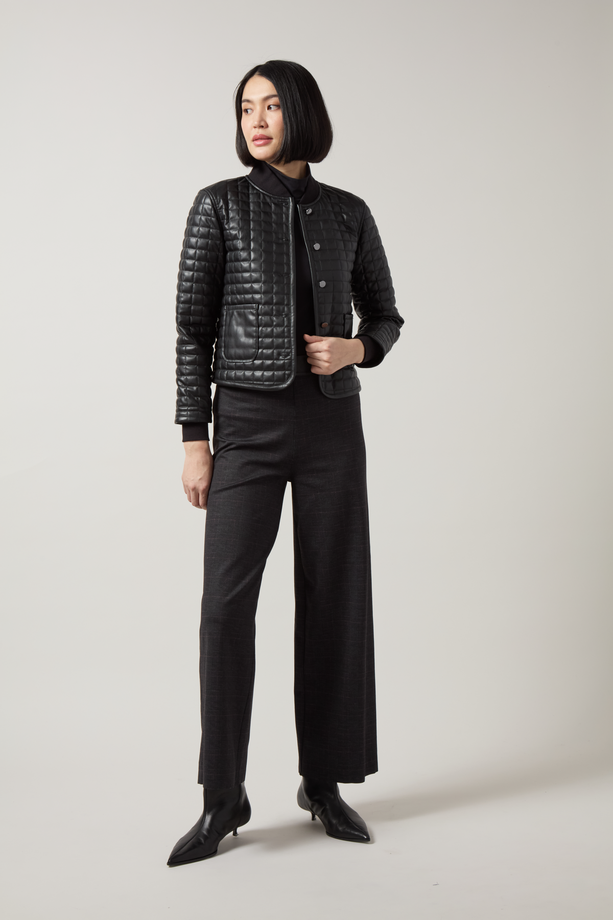 Lysse Denver Hi Waist Wide Leg Printed Ponte in Midnight Manor Plaid, styled with a black quilted jacket